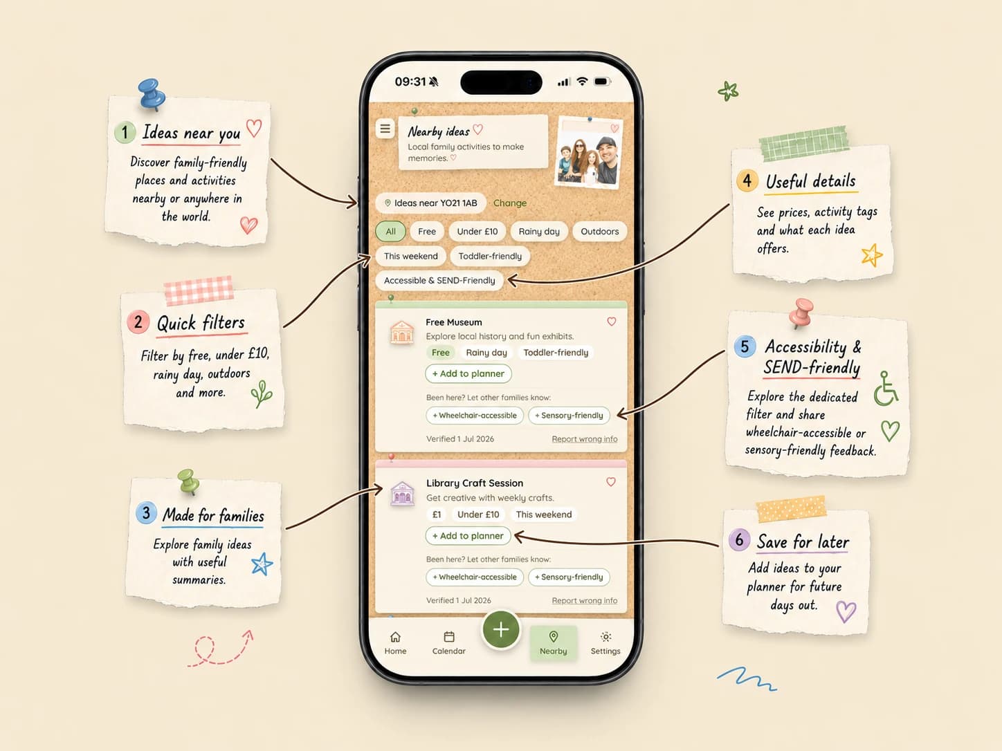 Little Corkboard's Nearby ideas screen: family-friendly places with distances, price tags and quick filters.