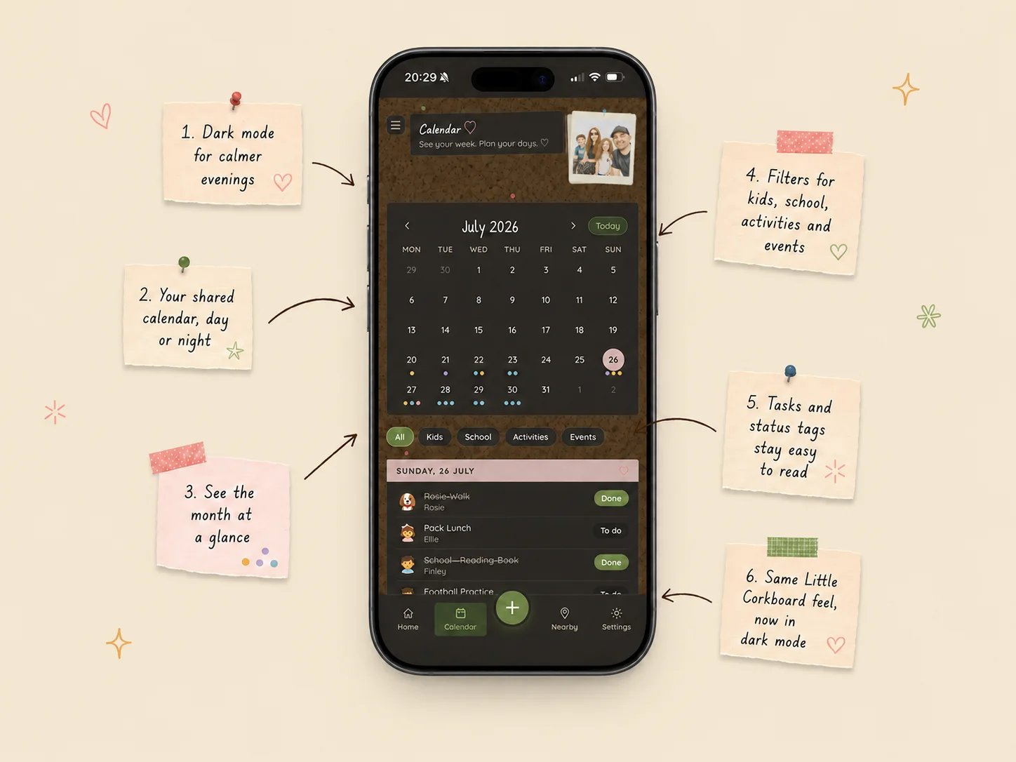 The same shared calendar in dark mode — easy-to-read tasks and status tags for calmer evenings, with callouts explaining each.