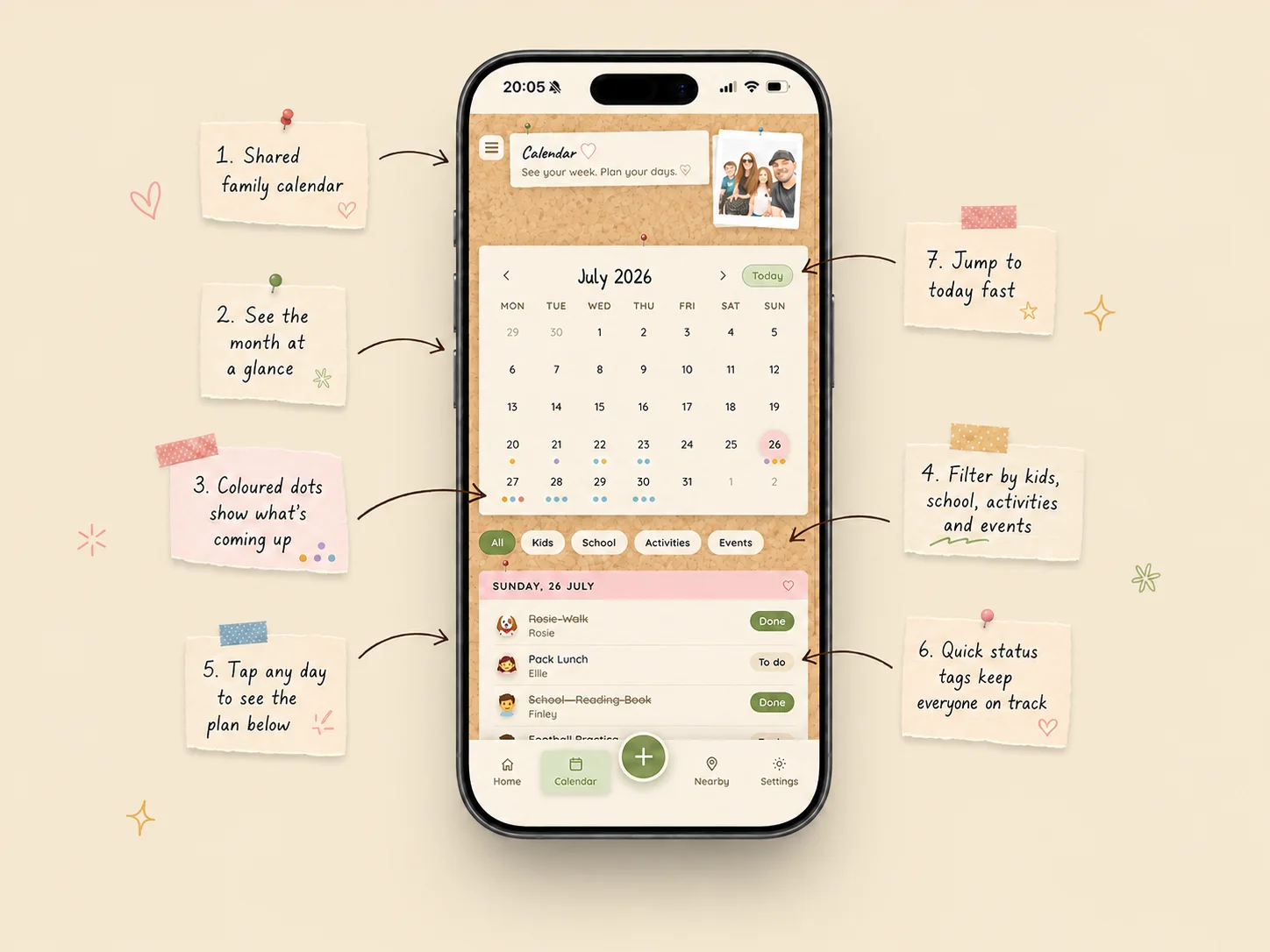 The shared family calendar: month view with coloured dots, filters for kids, school, activities and events — with callouts explaining each.